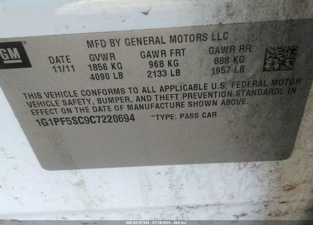 2012 CHEVROLET CRUZE VIN: 1G1PF5SC9C7220694