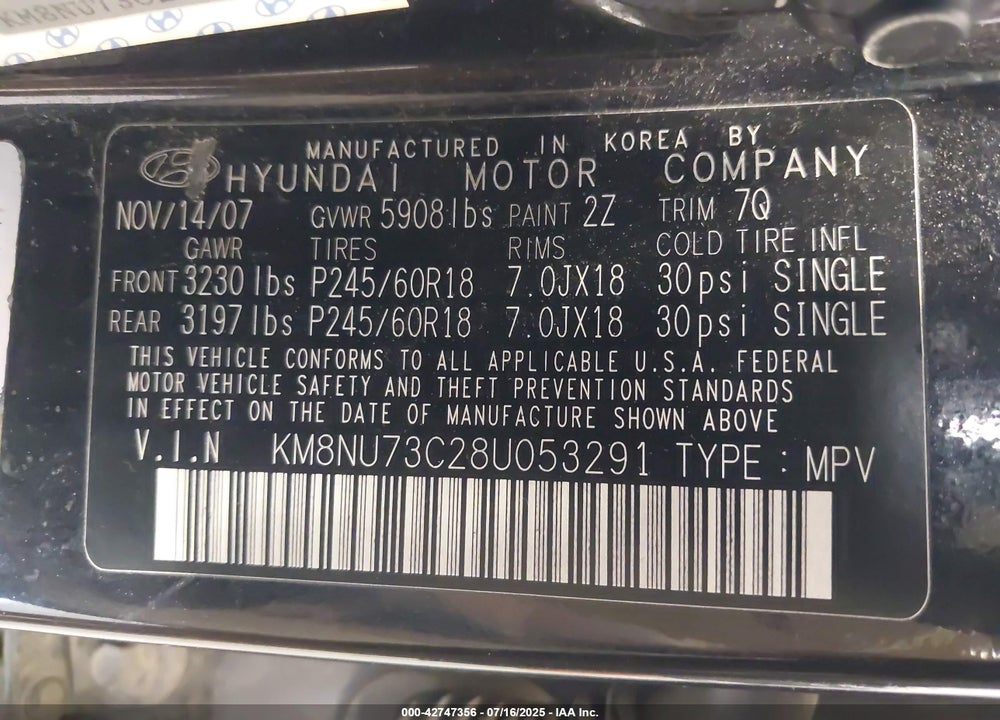 2008 HYUNDAI VERACRUZ VIN: KM8NU73C28U053291