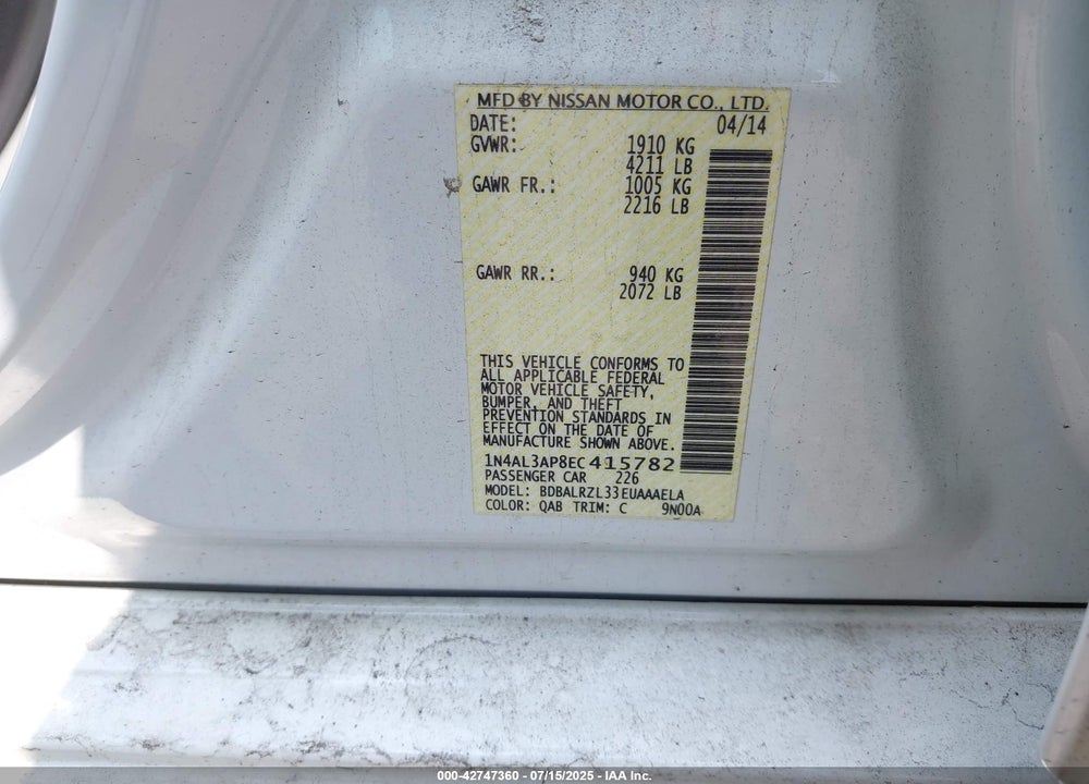 2014 NISSAN ALTIMA VIN: 1N4AL3AP8EC415782