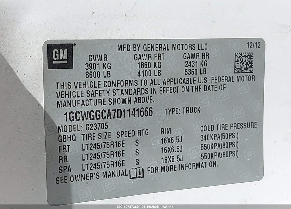 2013 CHEVROLET EXPRESS 2500 WORK VAN VIN: 1GCWGGCA7D1141666