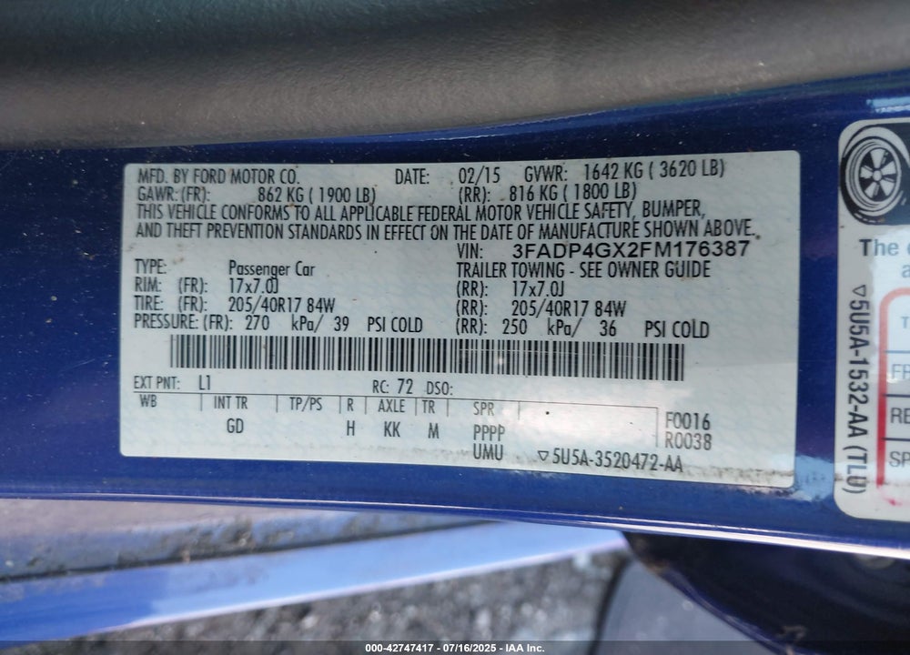 2015 FORD FIESTA ST VIN: 3FADP4GX2FM176387
