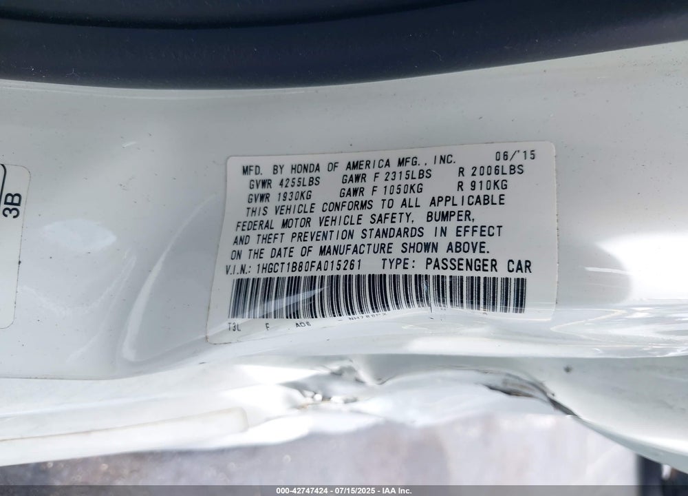 2015 HONDA ACCORD VIN: 1HGCT1B80FA015261