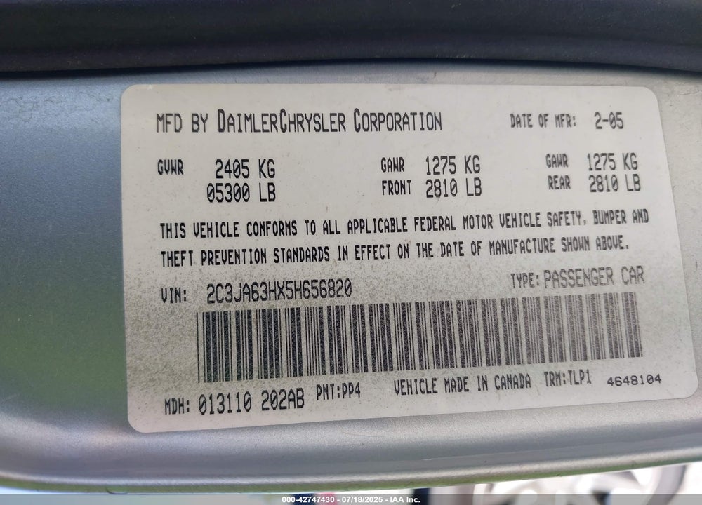 2005 CHRYSLER 300C VIN: 2C3JA63HX5H656820