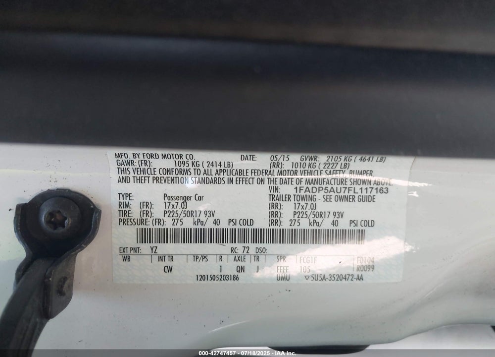 2015 FORD C-MAX HYBRID VIN: 1FADP5AU7FL117163