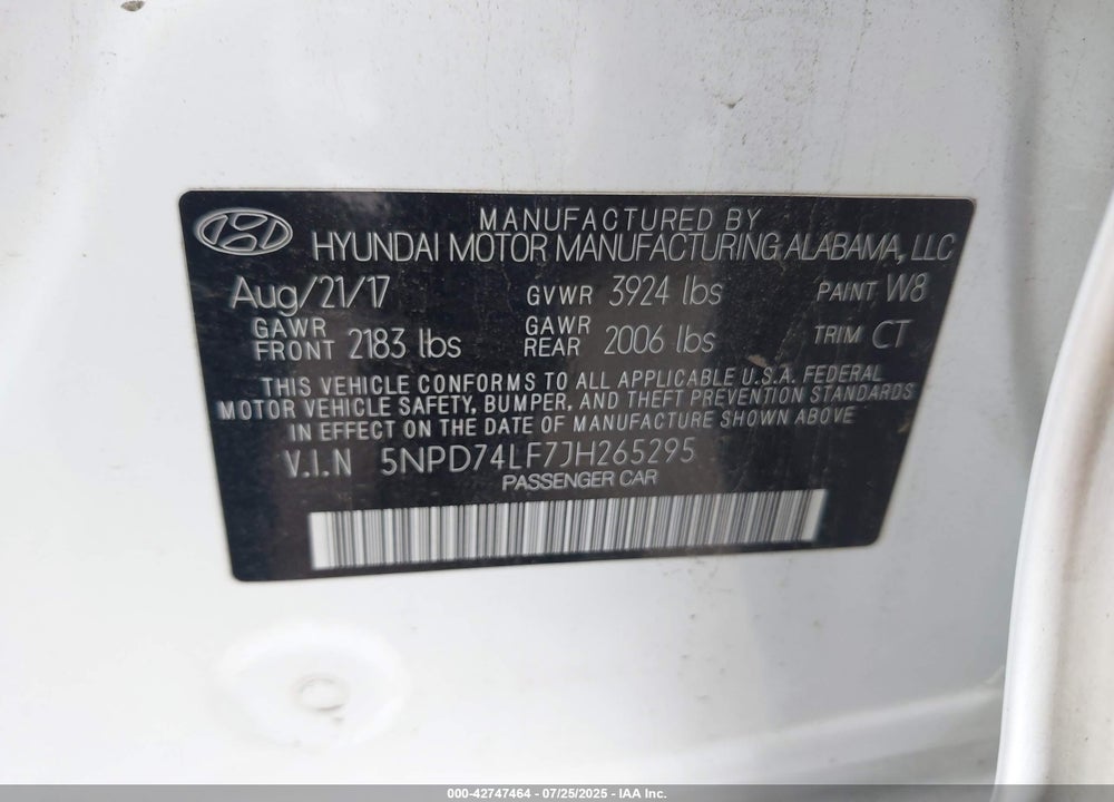 2018 HYUNDAI ELANTRA VIN: 5NPD74LF7JH265295
