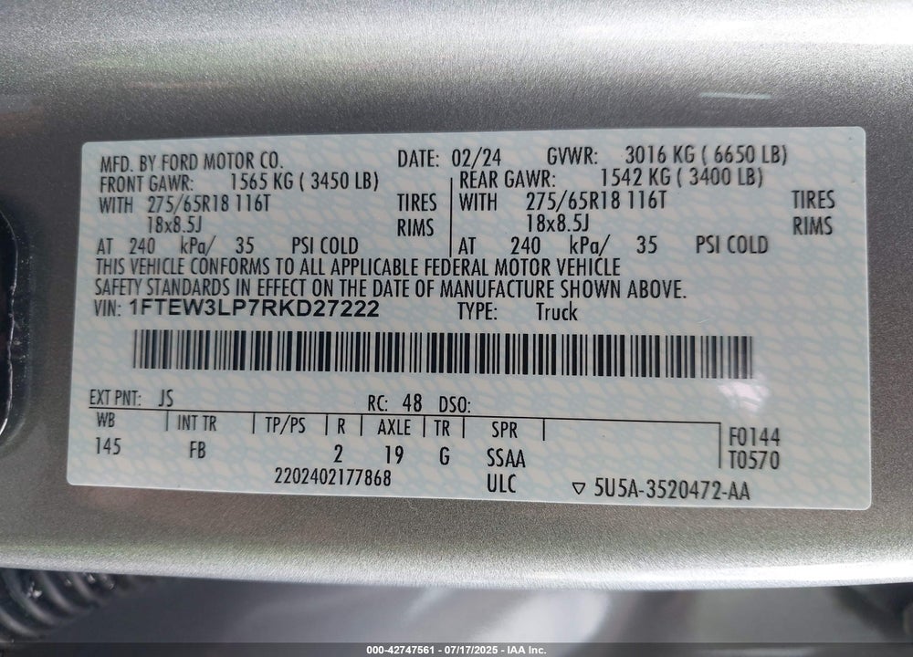 2024 FORD F-150 VIN: 1FTEW3LP7RKD27222