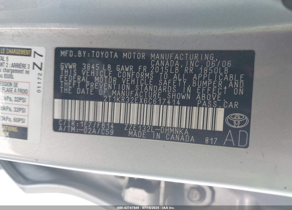 2006 TOYOTA MATRIX/XR VIN: 2T1KR32EX6C617414
