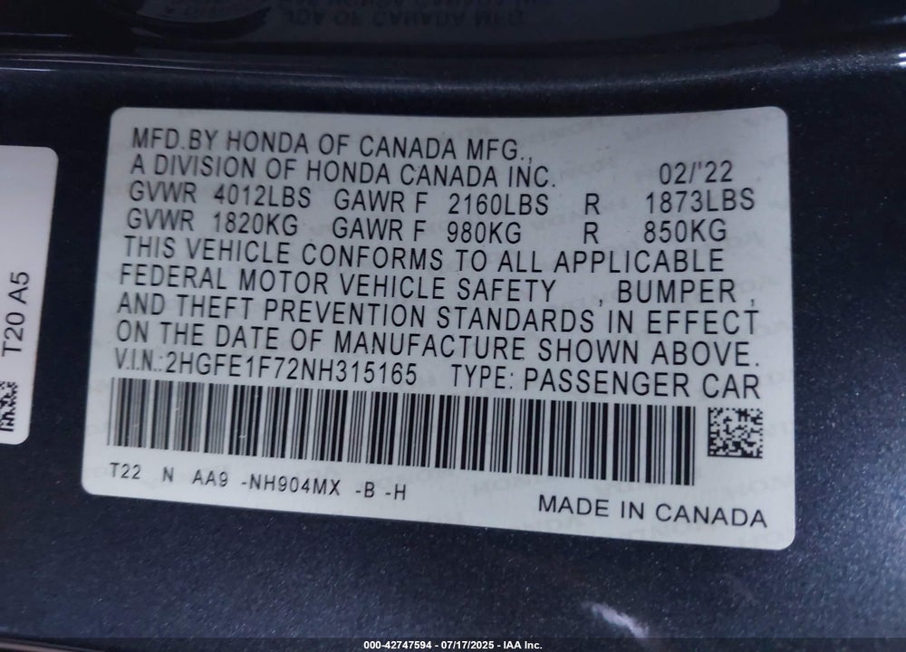 2022 HONDA CIVIC VIN: 2HGFE1F72NH315165