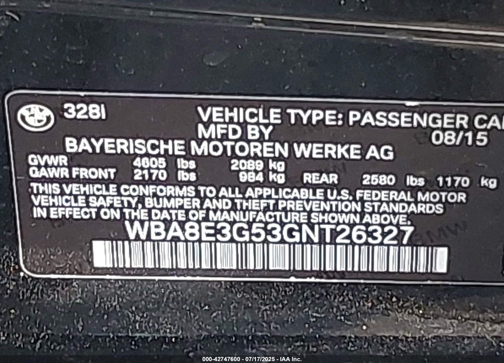 2016 BMW 3 SERIES VIN: WBA8E3G53GNT26327