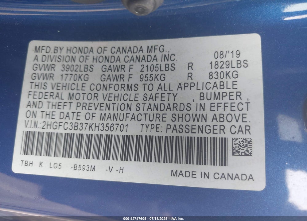 2019 HONDA CIVIC VIN: 2HGFC3B37KH356701