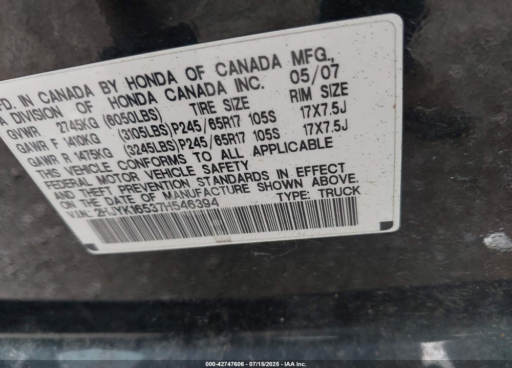 2007 HONDA RIDGELINE VIN: 2HJYK16537H546394