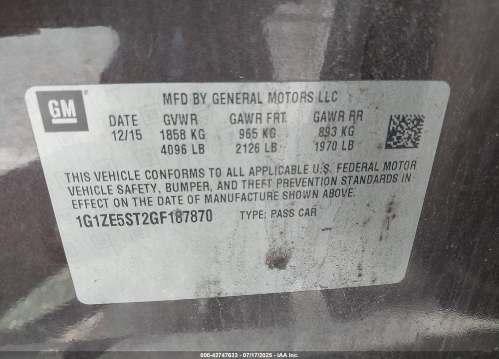 2016 CHEVROLET MALIBU VIN: 1G1ZE5ST2GF187870