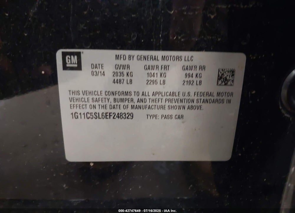 2014 CHEVROLET MALIBU VIN: 1G11C5SL6EF248329