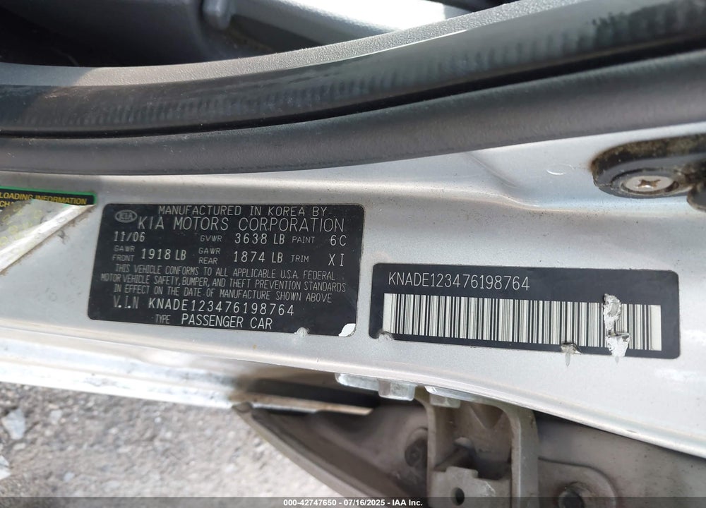 2007 KIA RIO LX/SX VIN: KNADE123476198764