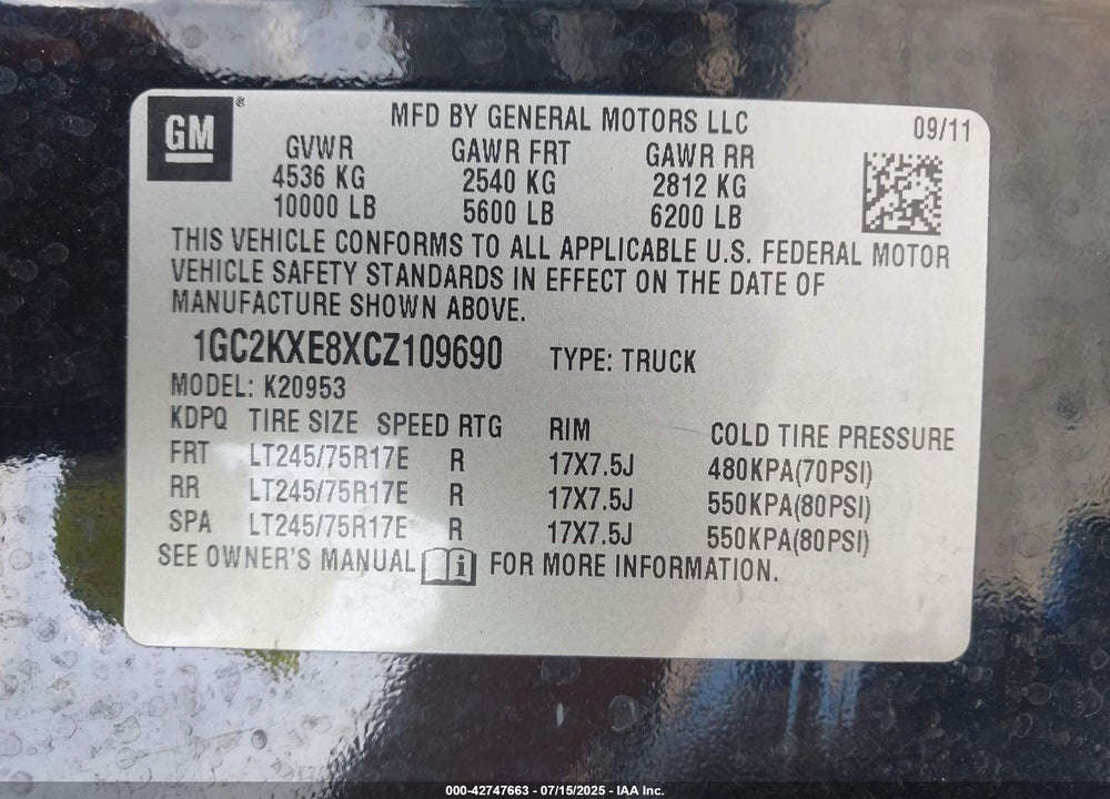 2012 CHEVROLET SILVERADO 2500 VIN: 1GC2KXE8XCZ109690