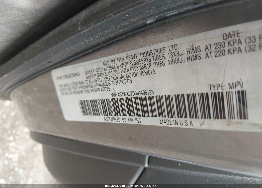 2009 SUBARU TRIBECA VIN: 4S4WX97D094406123
