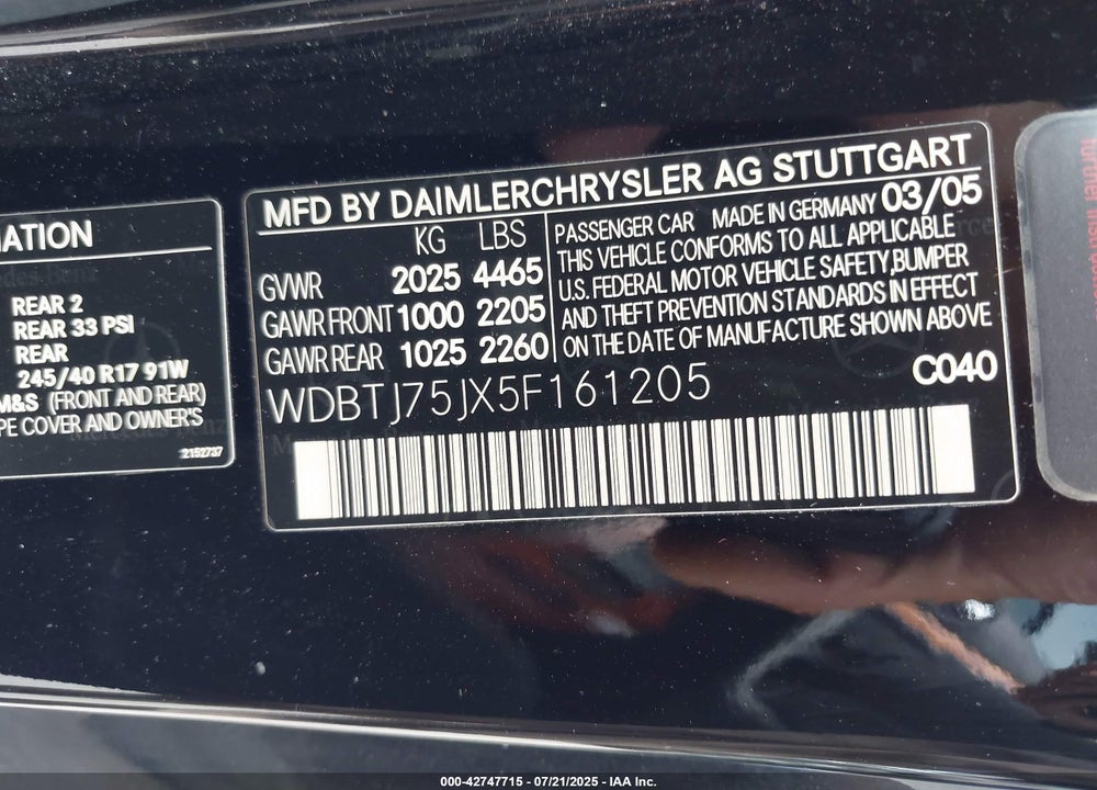 2005 MERCEDES-BENZ CLK 500 VIN: WDBTJ75JX5F161205