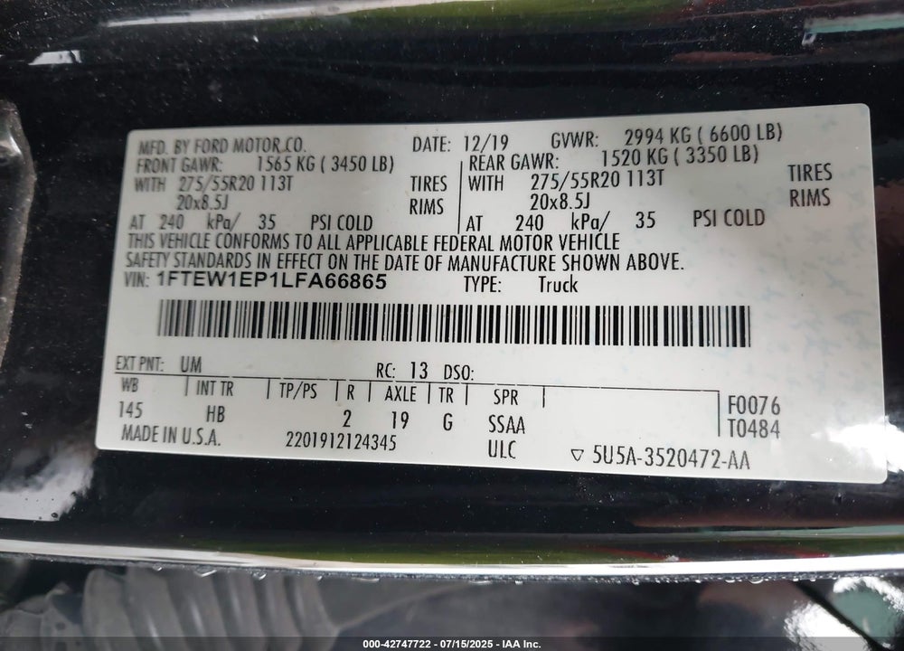 2020 FORD F-150 VIN: 1FTEW1EP1LFA66865