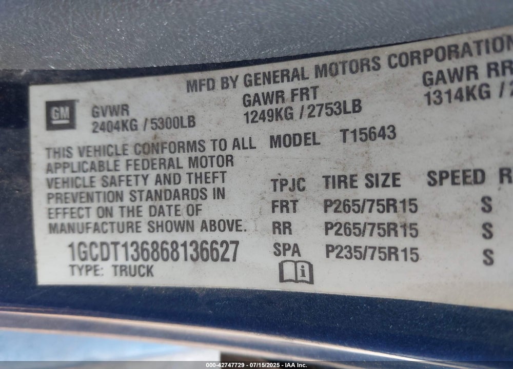 2006 CHEVROLET COLORADO VIN: 1GCDT136868136627