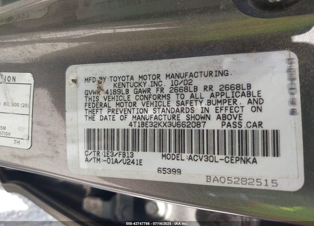 2003 TOYOTA CAMRY LE VIN: 4T1BE32KX3U662087
