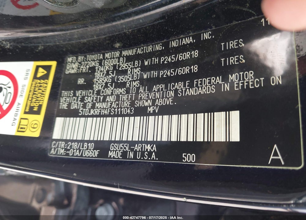 2015 TOYOTA HIGHLANDER VIN: 5TDJKRFH4FS111043
