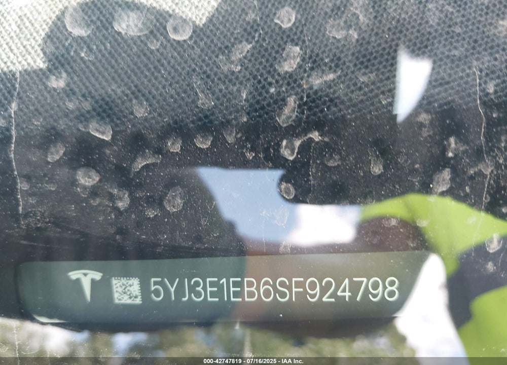 2025 TESLA MODEL 3 VIN: 5YJ3E1EB6SF924798