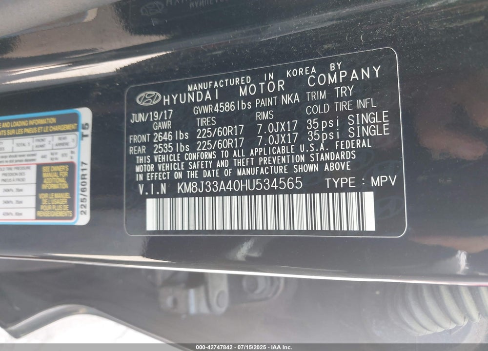 2017 HYUNDAI TUCSON VIN: KM8J33A40HU534565