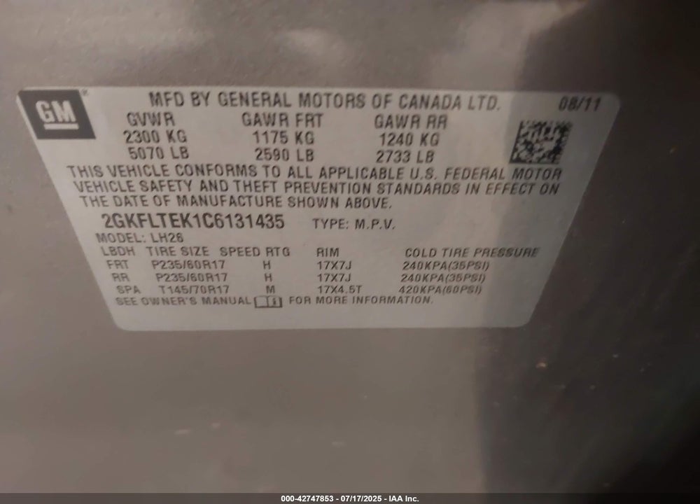 2012 GMC TERRAIN VIN: 2GKFLTEK1C6131435