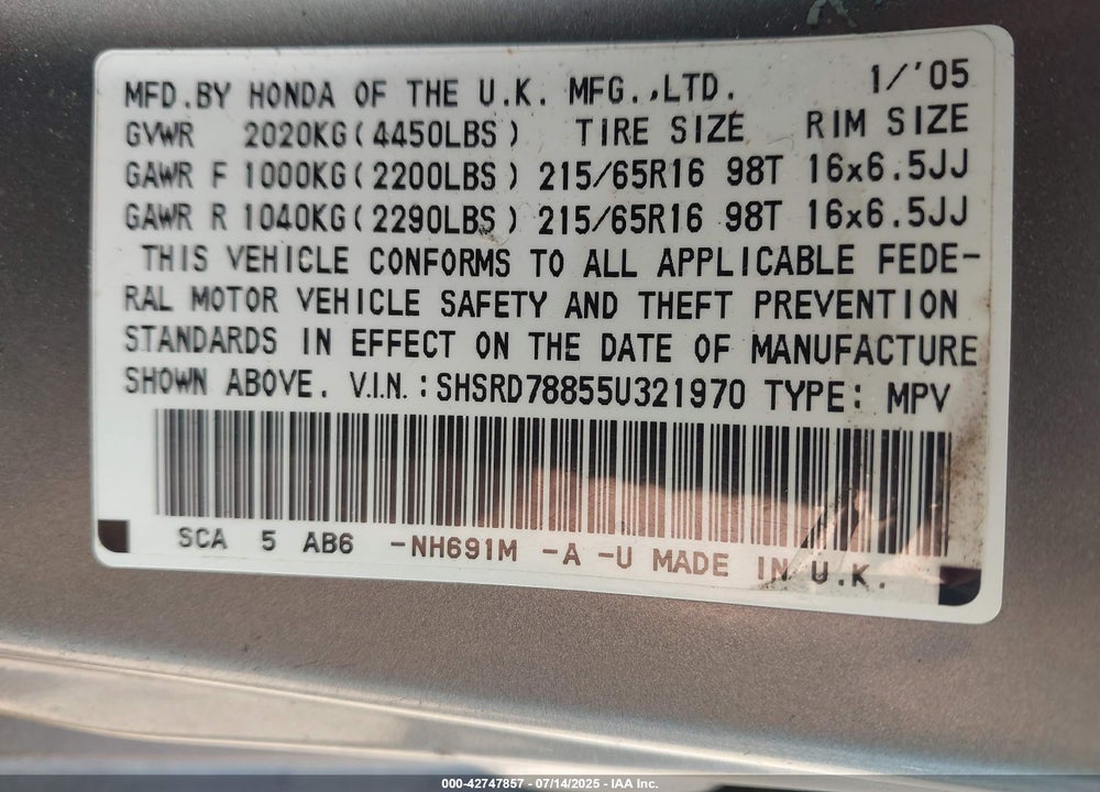 2005 HONDA CR-V EX VIN: SHSRD78855U321970