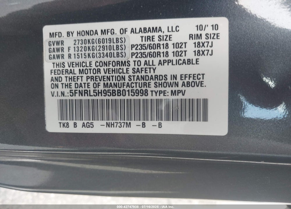 2011 HONDA ODYSSEY TOURING/TOURING ELITE VIN: 5FNRL5H95BB015998