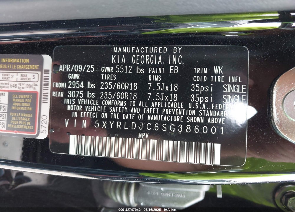 2025 KIA SORENTO VIN: 5XYRLDJC6SG386001