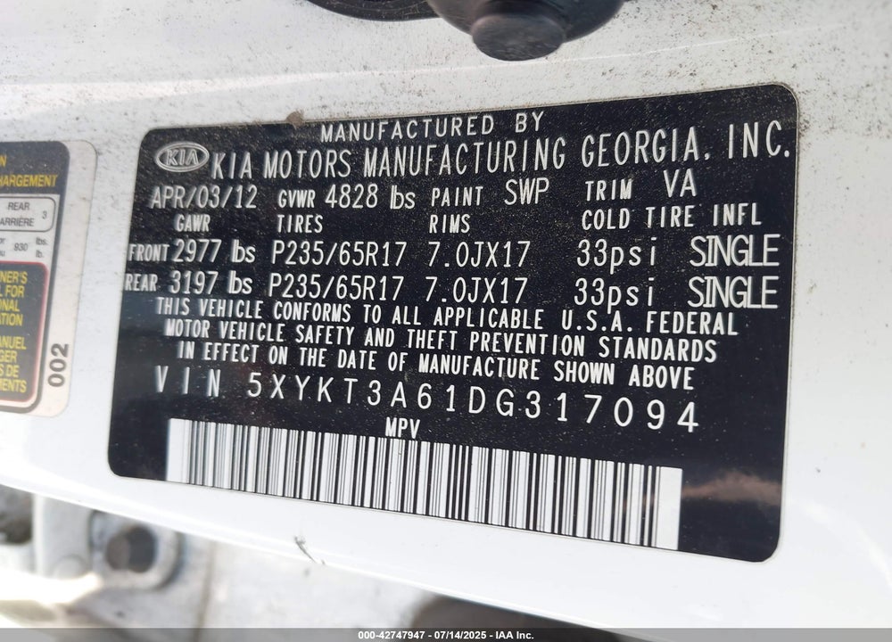 2013 KIA SORENTO VIN: 5XYKT3A61DG317094