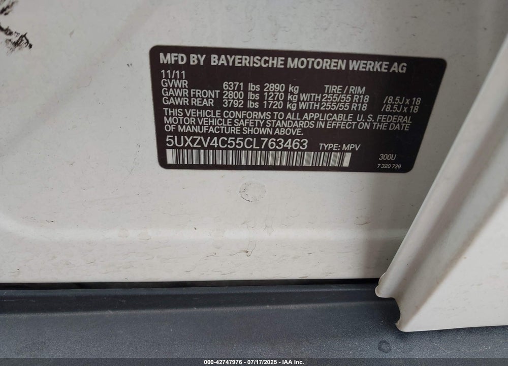2012 BMW X5 VIN: 5UXZV4C55CL763463