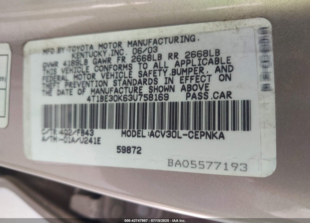 2003 TOYOTA CAMRY LE VIN: 4T1BE30K63U758169