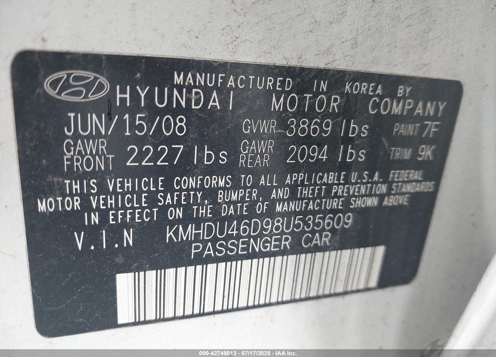 2008 HYUNDAI ELANTRA VIN: KMHDU46D98U535609