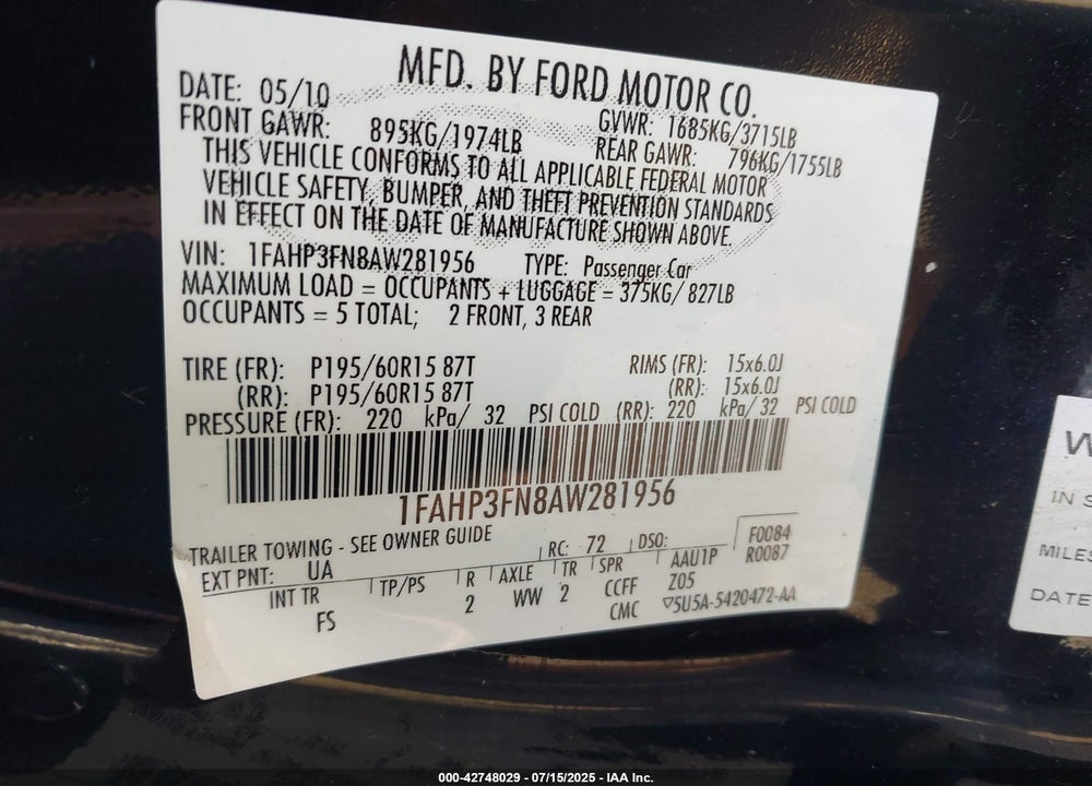 2010 FORD FOCUS VIN: 1FAHP3FN8AW281956