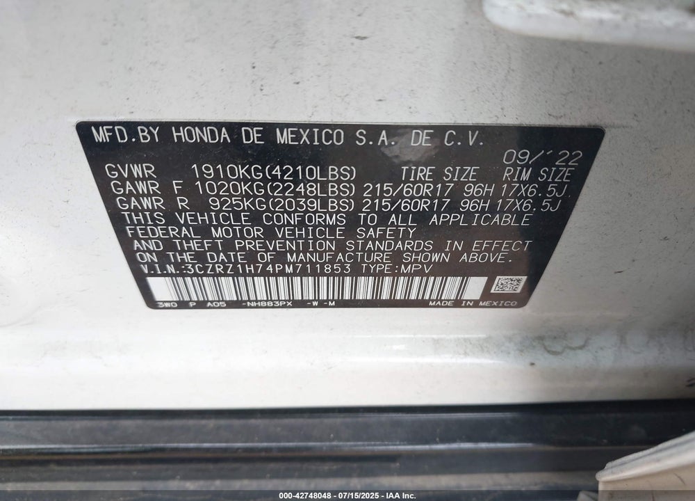 2023 HONDA HR-V VIN: 3CZRZ1H74PM711853