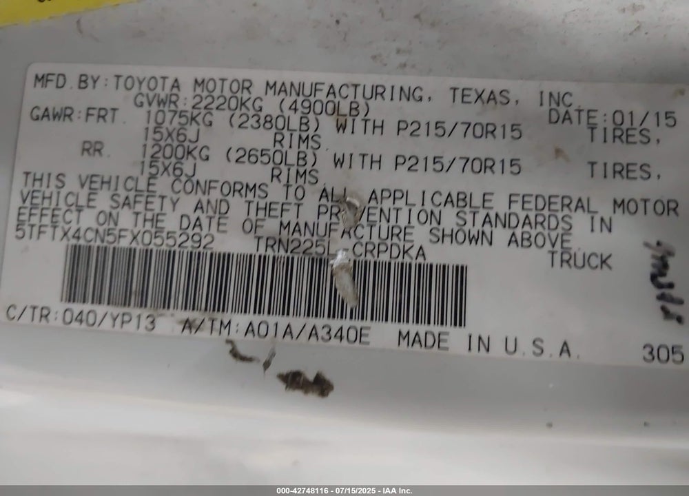 2015 TOYOTA TACOMA VIN: 5TFTX4CN5FX055292