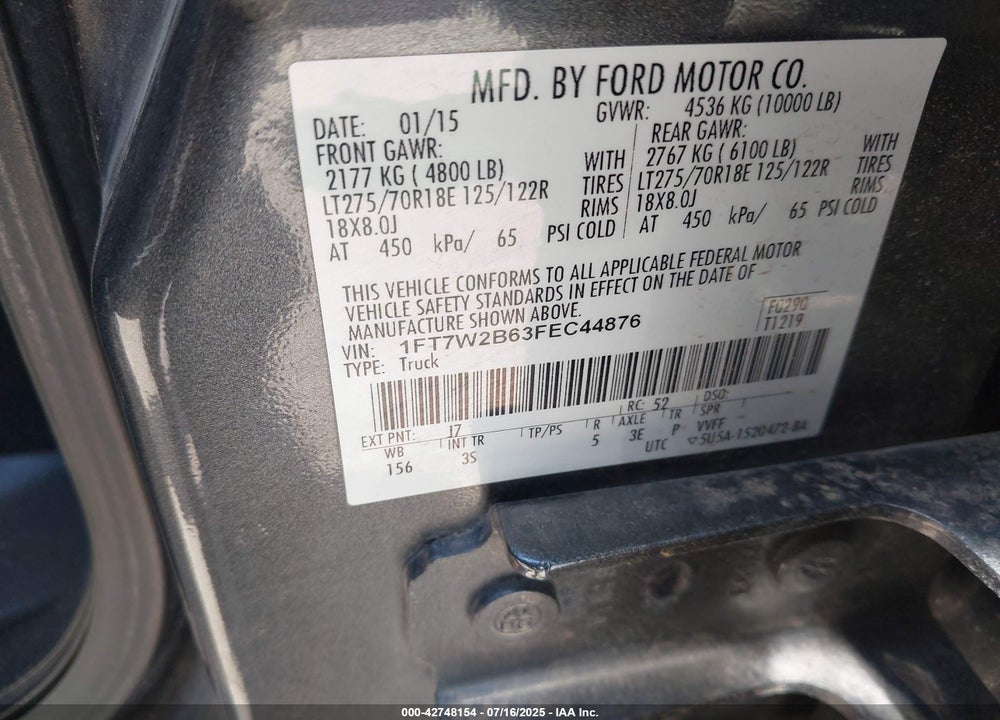 2015 FORD F-250 XLT VIN: 1FT7W2B63FEC44876
