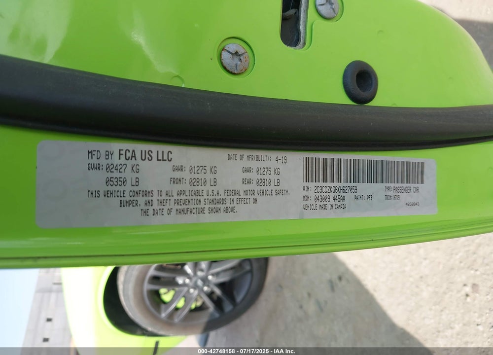 2019 DODGE CHALLENGER VIN: 2C3CDZKG6KH627059
