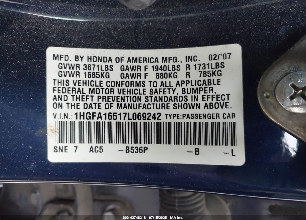 2007 HONDA CIVIC VIN: 1HGFA16517L069242