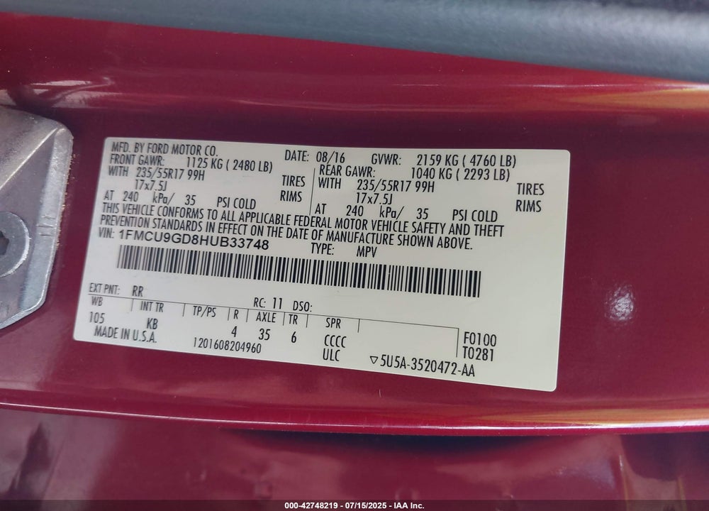 2017 FORD ESCAPE VIN: 1FMCU9GD8HUB33748