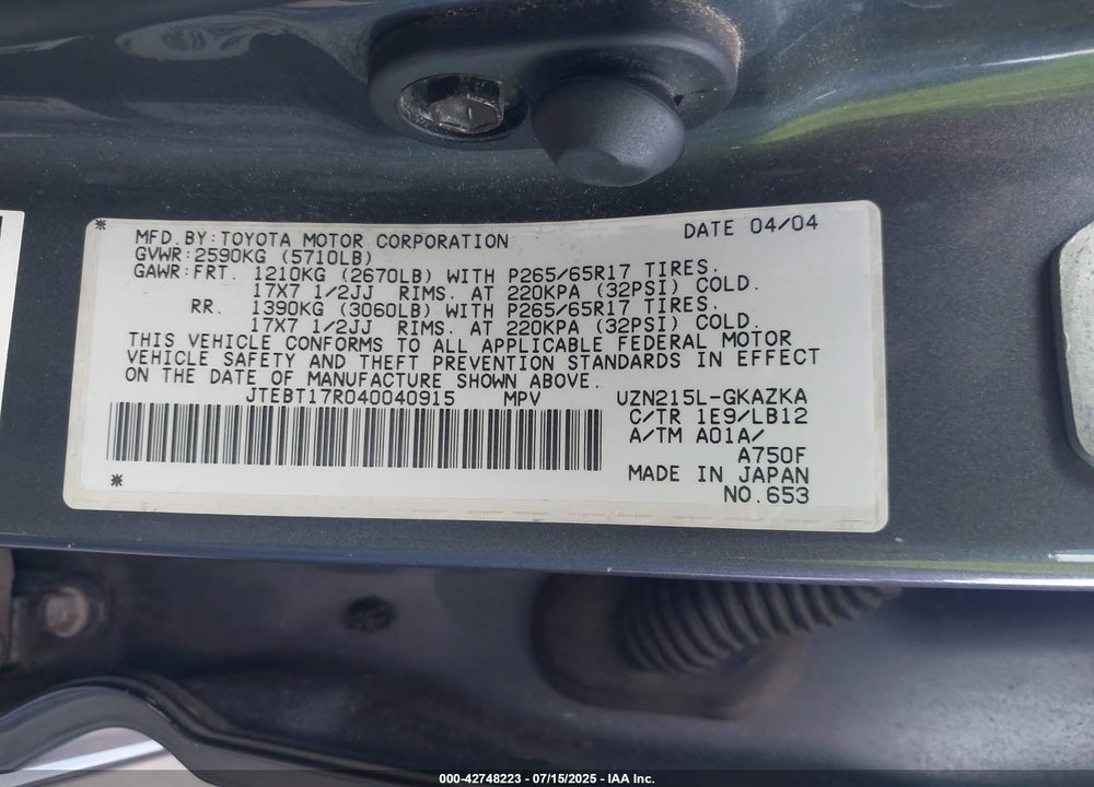 2004 TOYOTA 4RUNNER LIMITED V8 VIN: JTEBT17R040040915