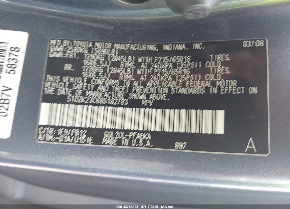 2008 TOYOTA SIENNA VIN: 5TDZK23C68S182783