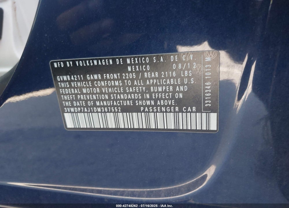 2013 VOLKSWAGEN JETTA 2.5L SE VIN: 3VWDP7AJ1DM367552
