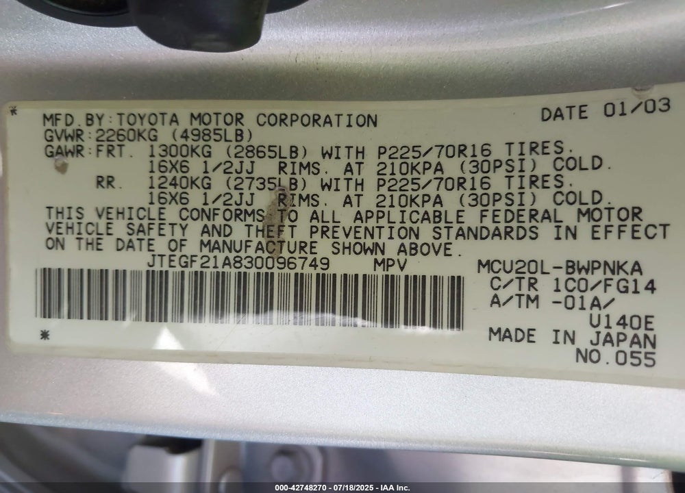 2003 TOYOTA HIGHLANDER VIN: JTEGF21A830096749
