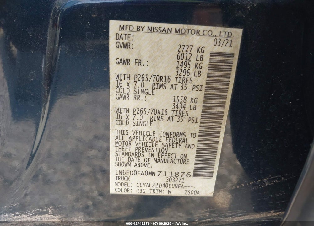 2021 NISSAN FRONTIER VIN: 1N6ED0EA0MN711876