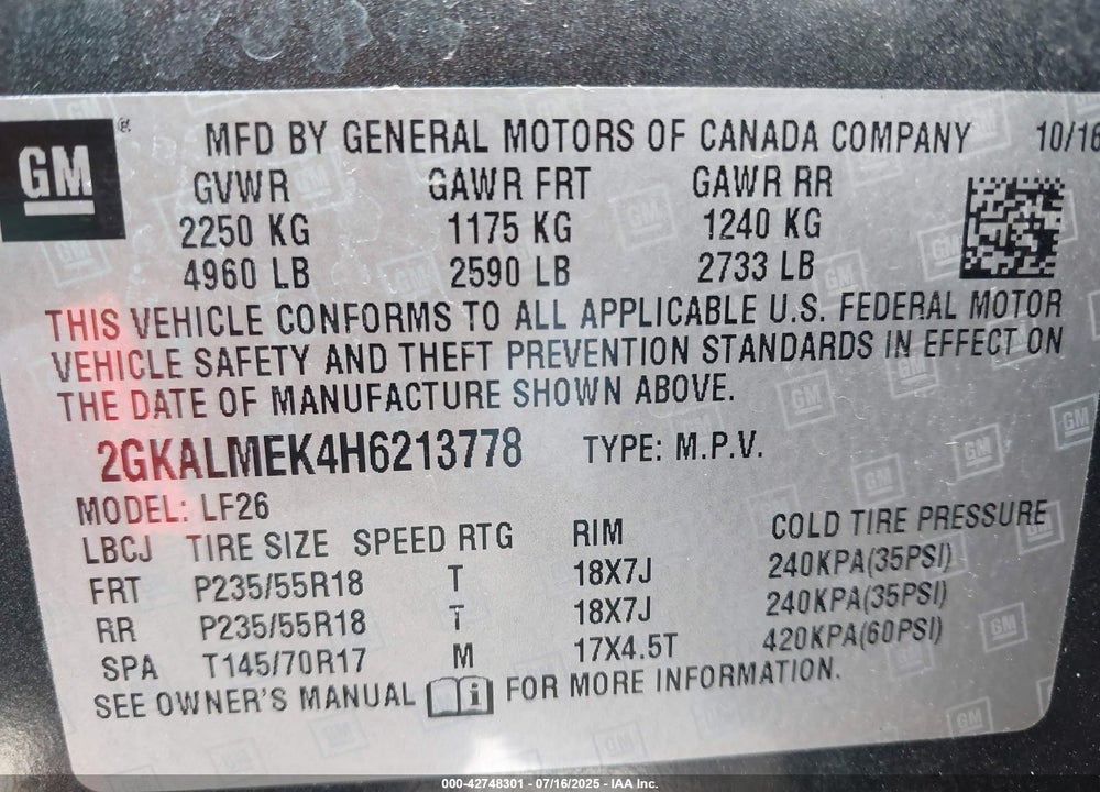 2017 GMC TERRAIN VIN: 2GKALMEK4H6213778