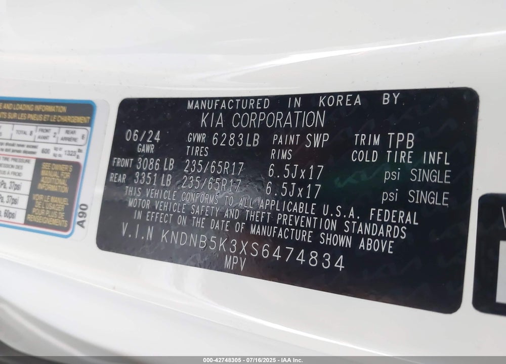 2025 KIA CARNIVAL MPV VIN: KNDNB5K3XS6474834