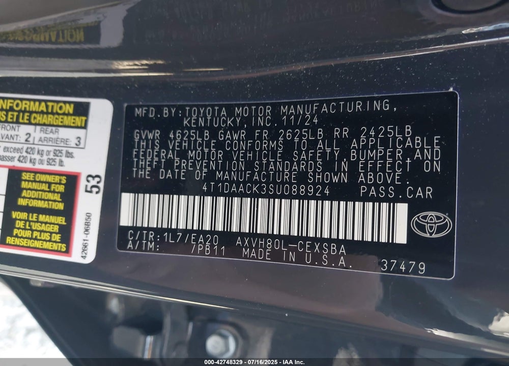 2025 TOYOTA CAMRY VIN: 4T1DAACK3SU088924